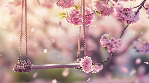 Photo whimsical swing hanging from a cherry blossom tree with petals floating in a gentle breeze on