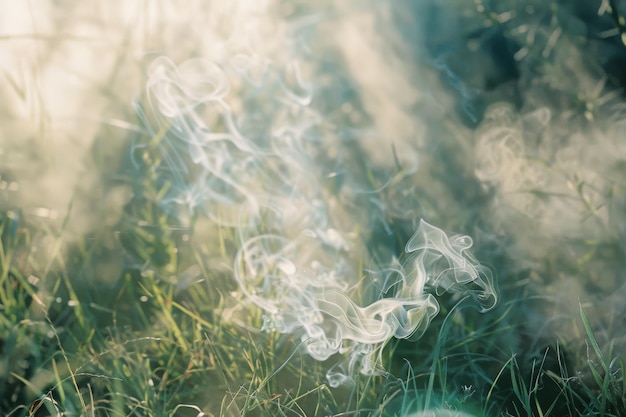 Photo whimsical swirls of smoke drift through sunlit grass evoking a magical and serene atmosphere in a peaceful meadow