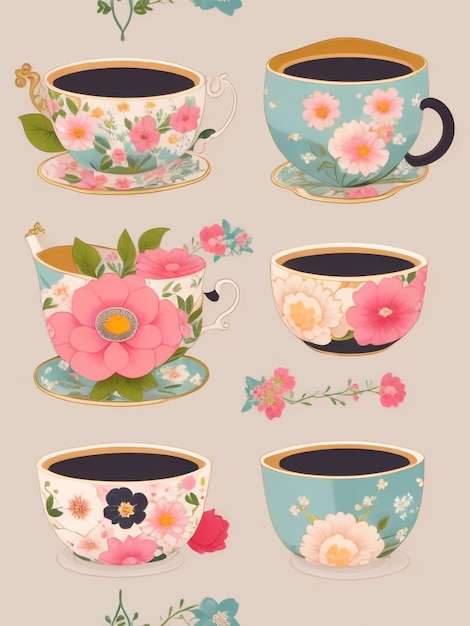 Whimsical Tea Delights Different Shape Tea Cups with Cute Flowers Inside