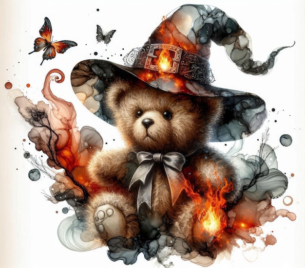 A whimsical teddy bear adorned with a witch hat surrounded by magical swirls butterflies and