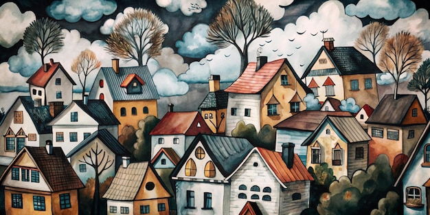 A whimsical translucent vibrant ink and watercolor painting by Sozdatel of brightly colored houses