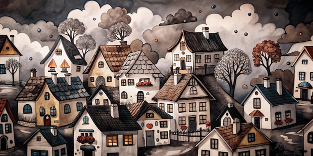 A whimsical translucent vibrant ink and watercolor painting by Sozdatel of brightly colored houses