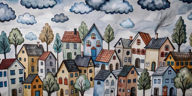 A whimsical translucent vibrant ink and watercolor painting by Sozdatel of brightly colored houses