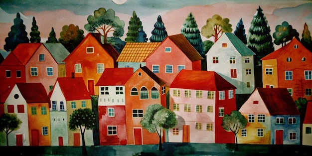 A whimsical translucent vibrant ink and watercolor painting by Sozdatel of brightly colored houses