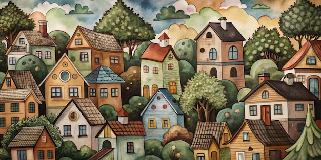 A whimsical translucent vibrant ink and watercolor painting by Sozdatel of brightly colored houses