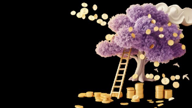 Photo a whimsical tree growing coins with a ladder nearby