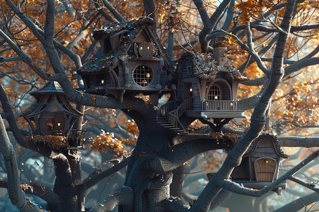 Whimsical treehouses nestled among branches