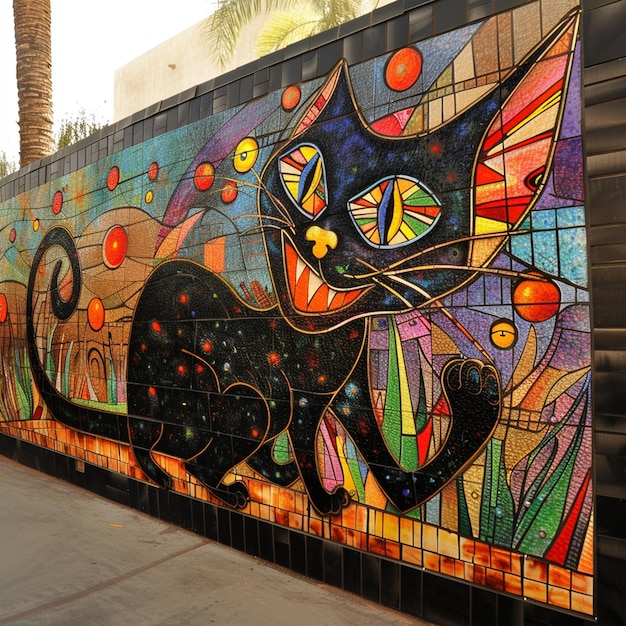 Photo whimsical trompeloeil graffiti cursed magic patterns and black cat family portrait