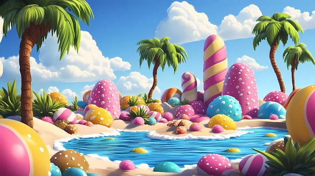 Photo a whimsical tropical island made entirely of colorful candy with palm trees a blue lagoon and white sand