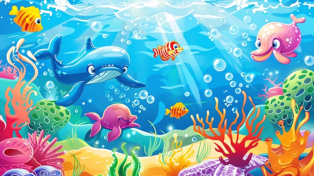 Photo a whimsical underwater scene with colorful fish dolphins and coral