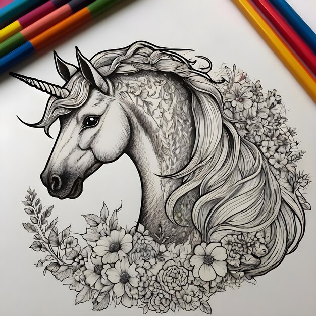 Photo whimsical unicorn sketch create fantasy with graceful creatures