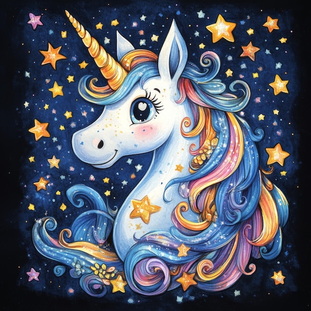 A whimsical unicorn with colorful mane and stars in a night sky