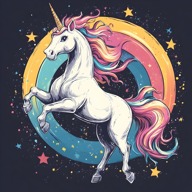 Photo whimsical unicorn with rainbow mane and tail in playful hand drawn design for fun t shirt