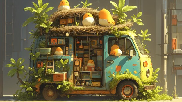 Whimsical Van Life Adorable Birds Nest Atop a Cozy PlantCovered Vehicle