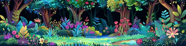 Photo whimsical and vibrant forest clearing with a colorful array of flowers and plants