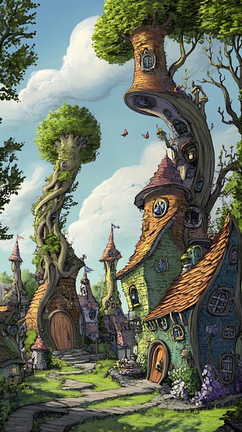 Photo a whimsical village nestled among lush greenery with whimsical houses built into trees