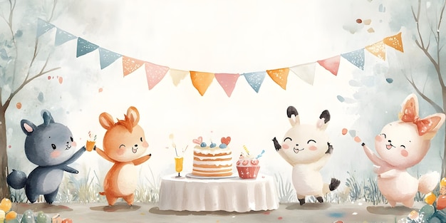 Photo whimsical watercolor animal party with cake and festive