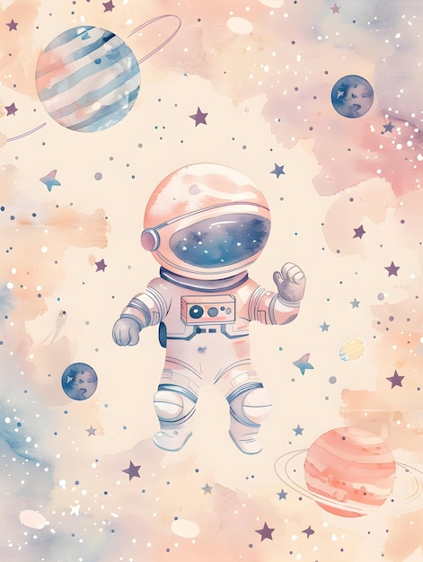 Whimsical Watercolor of Cartoon Space Explorer Floating Among Planets and Stars