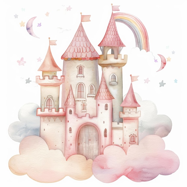 Whimsical Watercolor Castle with Clouds Rainbow and Stars in Fantasy Fairy Tale Theme