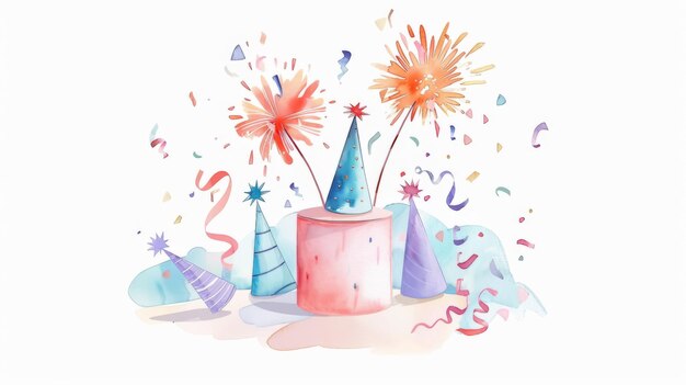 Photo whimsical watercolor celebration scene with party hats and fireworks