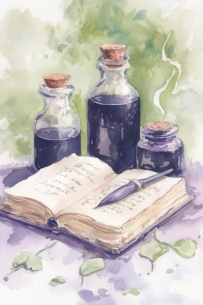 Photo a whimsical watercolor depicting a pen open book and potion bottles perfect for creative writing or magical themes