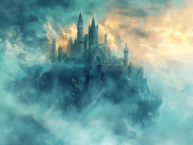 Whimsical Watercolor of Fairytale Castle Floating in Ethereal Clouds