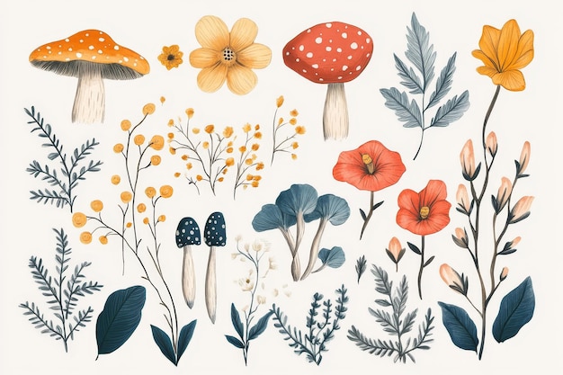 Photo whimsical watercolor floral and fungi illustration