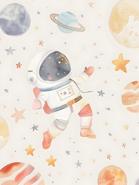 Whimsical Watercolor of Friendly Astronaut Floating Amid Colorful Celestial Landscape