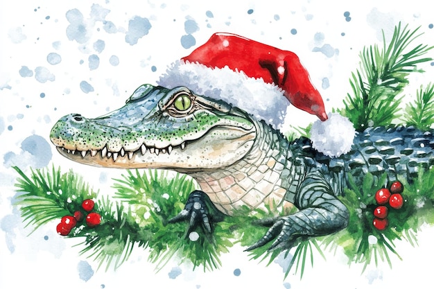 A whimsical watercolor illustration of a crocodile wearing a Santa hat and nestled in a Christm