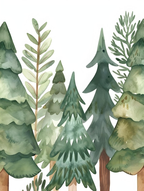 Photo whimsical watercolor of lush pine and spruce trees in minimalist style for children s room or