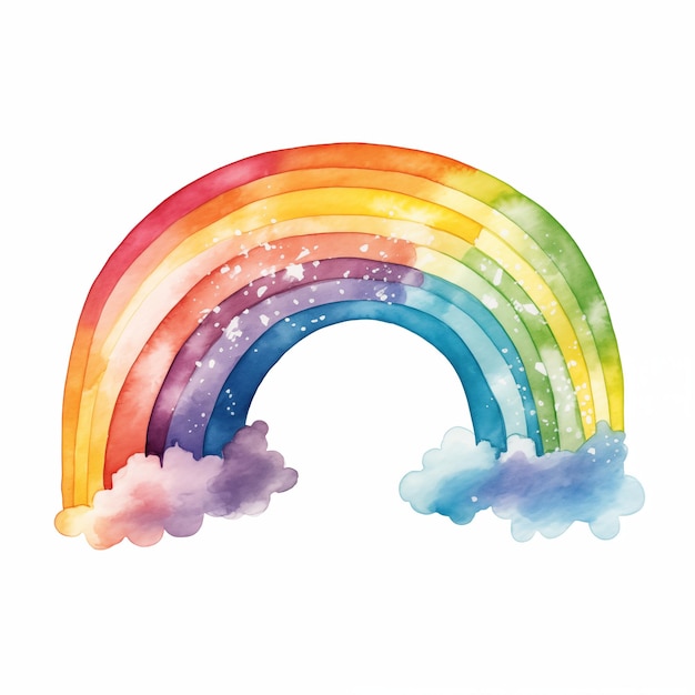 Whimsical Watercolor Painting of a Colorful Rainbow with PastelShaded Clouds