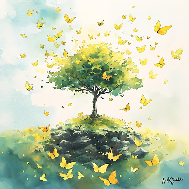 Whimsical watercolor painting of small tree with yellow butterflies