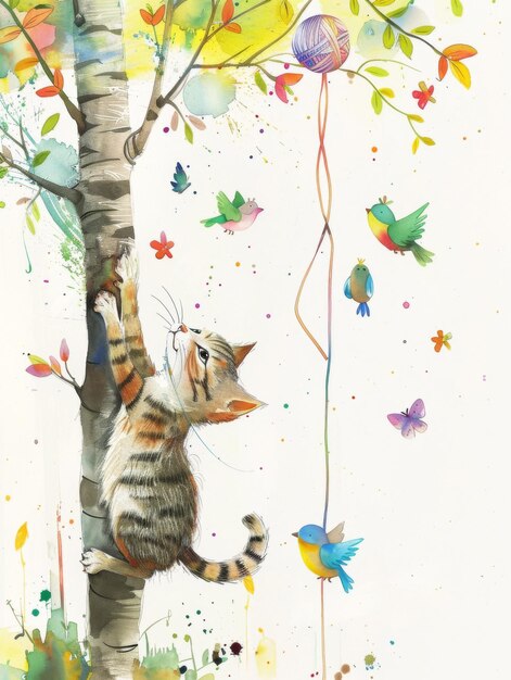 Photo whimsical watercolor playful cats mischievous climb with yarn and forest friends a charming waterc