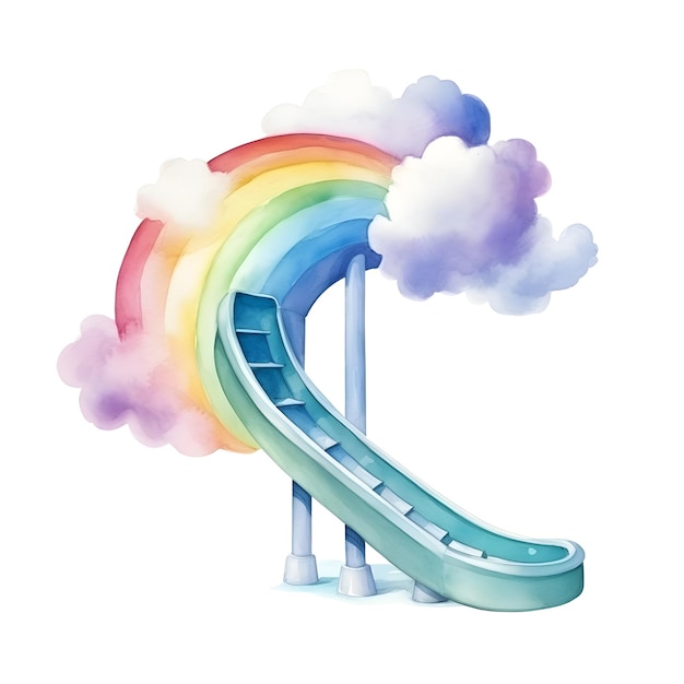 Whimsical Watercolor of Rainbow Slide Emerging from Playful Cloud on White Background