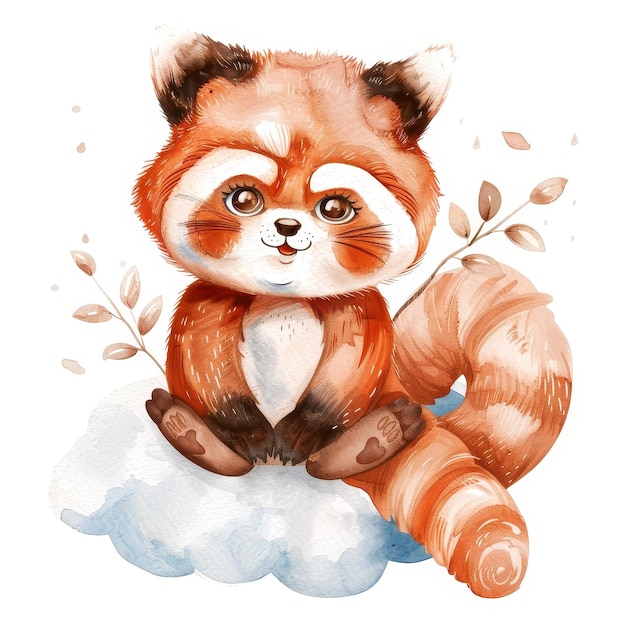 Whimsical Watercolor of a Surprised Red Panda on a Cloudy Backdrop