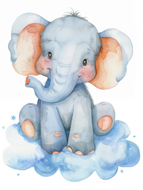 Photo whimsical watercolor trumpeting cute elephant calf waving trunk on cloud