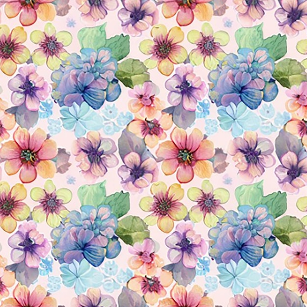 Whimsical watercolorstyle seamless pattern background of flowers like hydrangeas daisies pansies