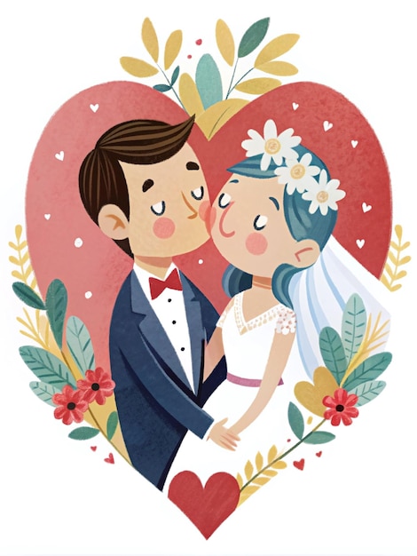 Photo whimsical wedding illustration of bride and groom