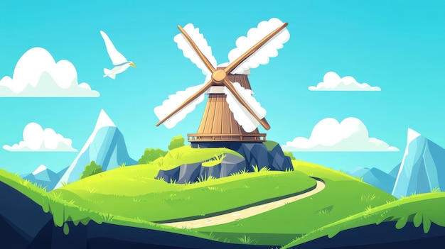 Photo a whimsical windmill stands tall on a floating island merging cartoon charm