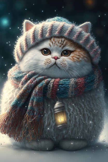 Whimsical Winter Cute Snow Cat with a Wool Scarf and Christmas Spirit