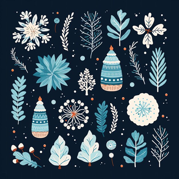 Photo whimsical winter foliage and festive elements in a delightful pattern against a dark background