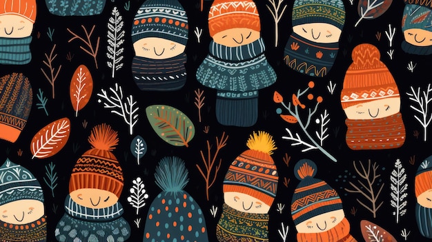 Whimsical winter hats and mittens in a repeating form