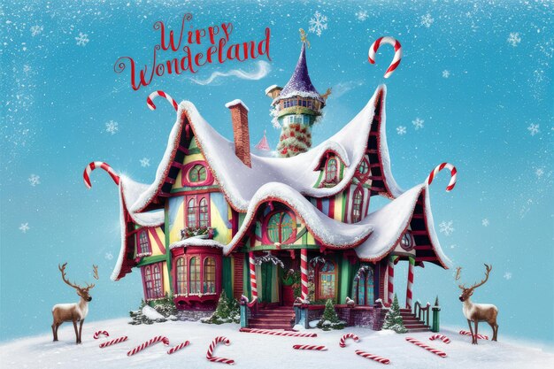 Photo a whimsical winter wonderland with a candy canedecorated house and reindeer