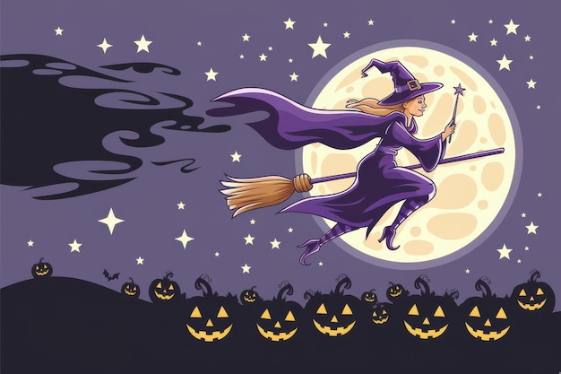 Whimsical Witch Flying Broomstick Pumpkins Full Moon Halloweenthemed illustration festive