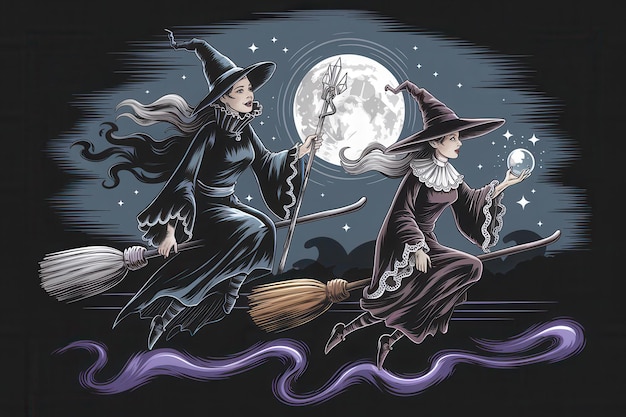 Whimsical Witches Flying Broomsticks Full Moon Halloween witchcraft themes Halloween decorations