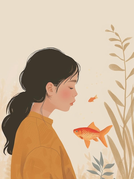 Whimsical Woman and Pet Fish Friendship Card Generative AI