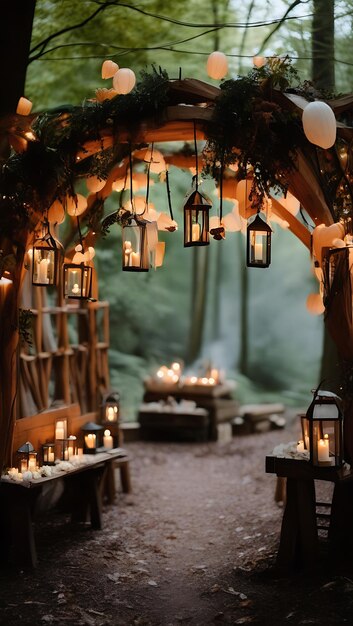 Whimsical Woodland Wedding with Lanterns and a Wooden Arch Generative AI