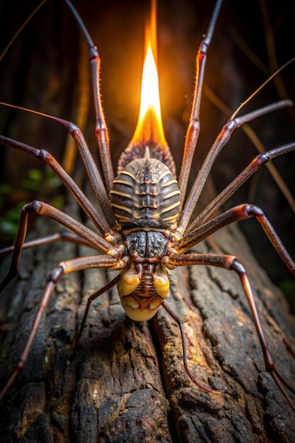 Photo a whip spider with two large spine thudded pincers looking scary due to the scarce light from the torch