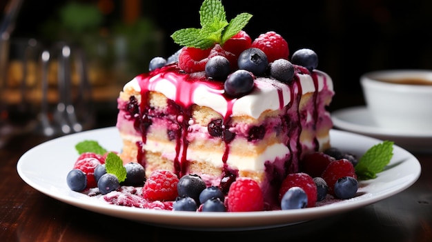 Whipped cream and berry cheesecake slice for summer celebration