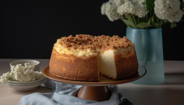 Whipped cream cheesecake slice on floral plate generated by AI